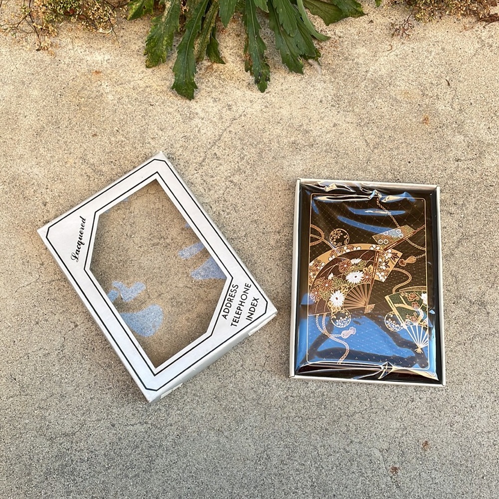 Vintage. Black Lacquered Address Book, Fan + Blossom